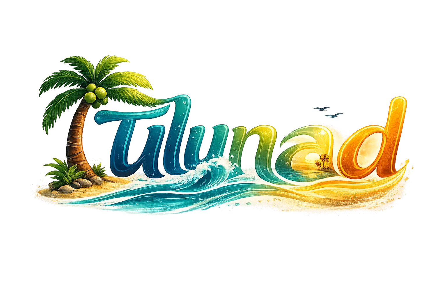 A vibrant Tulunad illustration with a coconut tree, ocean waves and coastal colours